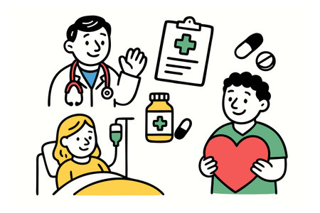 Vector illustration of doctor and patient with heart. Line art design.のイラスト素材