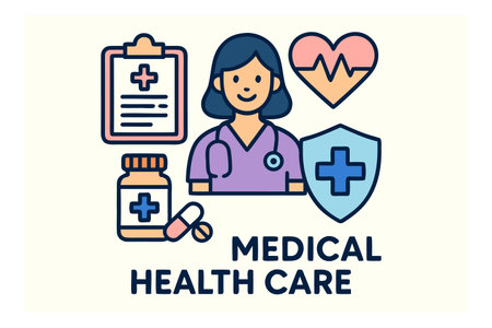Medical health care banner. Doctor with stethoscope, pills and heart rate monitor. Vector illustrationのイラスト素材