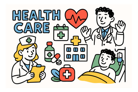 Health care banner. Doctor and patient in hospital. Vector illustration.のイラスト素材