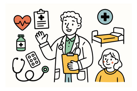 Vector illustration of a doctor with stethoscope and patient in hospital.のイラスト素材