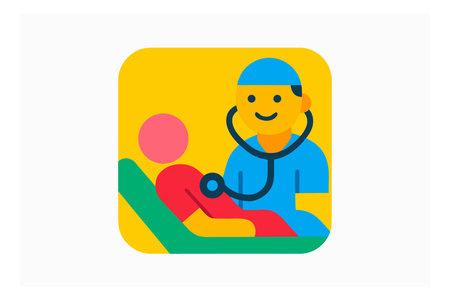 Icon of doctor with stethoscope and patient on chair. Flat vector illustration.のイラスト素材
