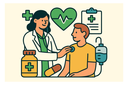 Vector illustration of a doctor taking care of a patient. Flat line art design.のイラスト素材