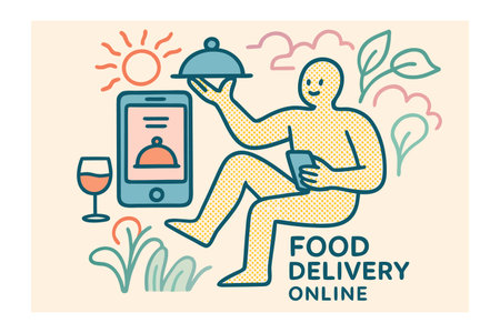 Food delivery service. Man with food and smartphone. Vector illustration.のイラスト素材
