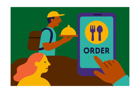 Order food online concept with delivery man and woman using smartphone vector illustration graphic designのイラスト素材