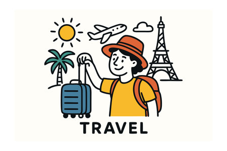 Vector illustration of a tourist with a suitcase and the inscription travel.のイラスト素材
