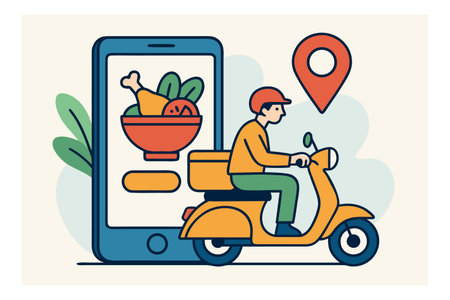 Food delivery service concept. Delivery man on scooter delivering food to customer. Vector illustrationのイラスト素材