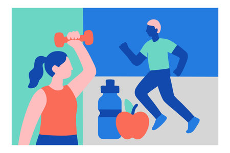 Man and woman doing exercise with dumbbells. Flat vector illustration.のイラスト素材