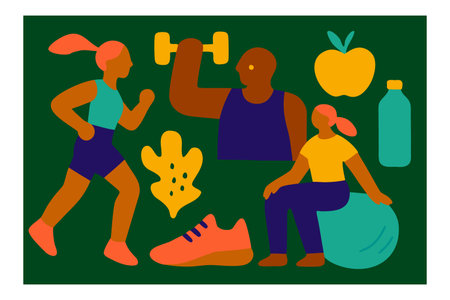 Fitness and healthy lifestyle. Group of people doing exercises with dumbbells. Flat vector illustration.のイラスト素材