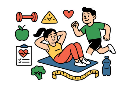 Fitness concept. Man and woman doing fitness exercises. Vector illustrationのイラスト素材