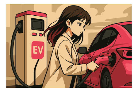 Illustration of a woman refueling a car at a gas stationのイラスト素材