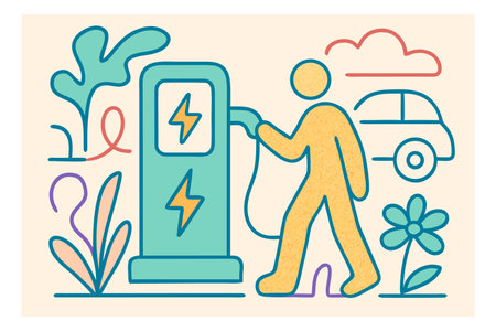 Vector illustration of a man charging an electric car at a charging stationのイラスト素材