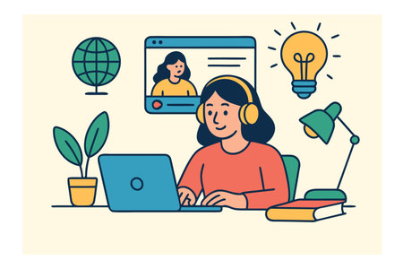 Online education concept. Vector illustration in flat linear style. Girl with laptop, books and lamp.のイラスト素材