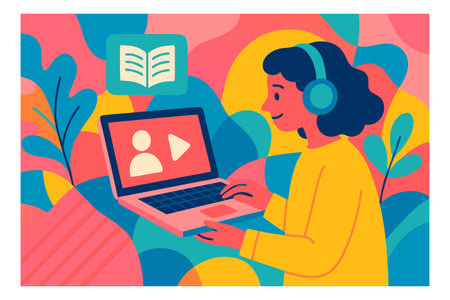 Online education concept. Woman with laptop and headphones. Vector illustration in flat styleのイラスト素材