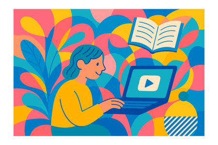Online learning concept. Woman with laptop and books. Vector flat illustrationのイラスト素材