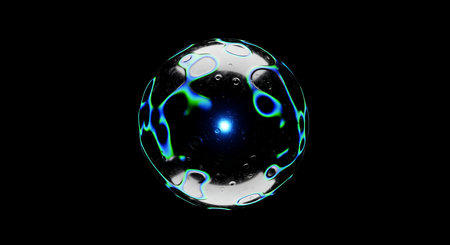 Abstract 3D illustration of a sphere with a blue glow on a black backgroundの素材