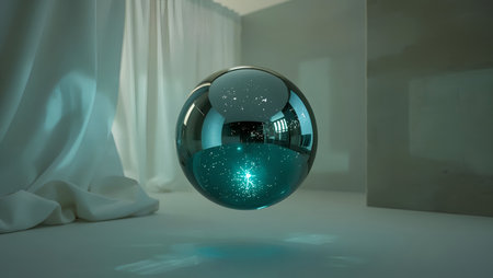 3d render of a crystal ball inside a room with white curtainsの素材