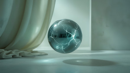 3d rendering of a crystal ball with lightning on the floor.の素材