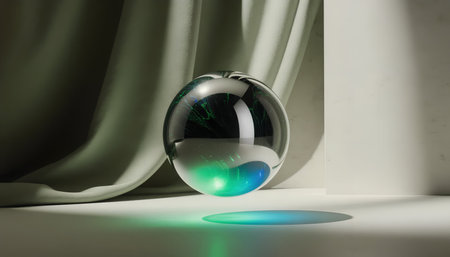 crystal ball on the floor with green curtains in the background.の素材