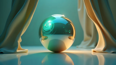 Crystal ball and curtain. 3D illustration. 3D CG. High resolution.の素材