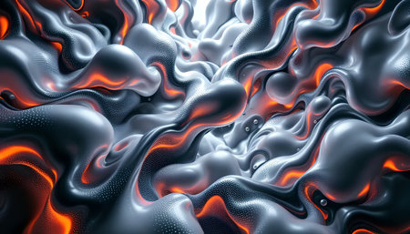 3d rendering of abstract wavy liquid background in black and orange colorsの素材