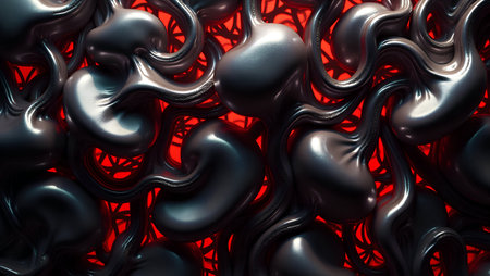 3d rendering of abstract metallic background with black and red colors.の素材