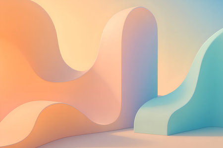 Abstract background with blue and orange curved shapes. 3d render illustrationの素材