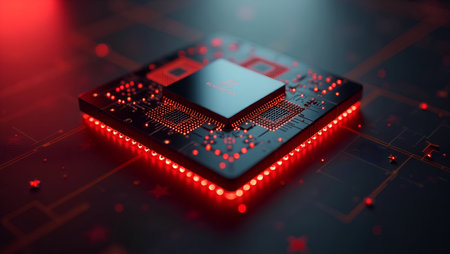 Circuit board with red lights on black background. 3d renderingの素材