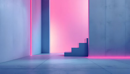 3d render, abstract background with neon light, empty room with stairsの素材