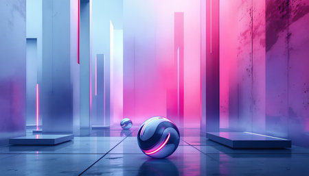 3D rendering of a futuristic background with neon lights and a sphereの素材