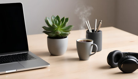 Office desk table with laptop, coffee cup, cactus and headphones.の素材