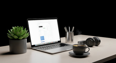 workplace with laptop and coffee cup on wood table and black backgroundの素材