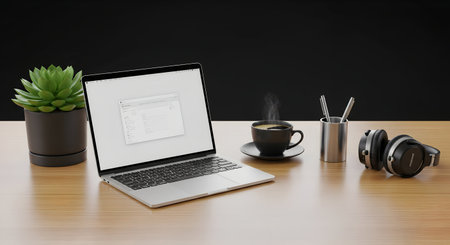Laptop and coffee cup on wooden table. 3d rendering.の素材