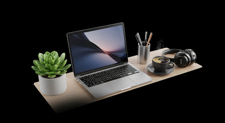 Modern workspace with laptop, supplies and coffee cup on wooden desk. 3d renderの素材
