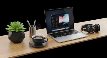 Laptop and coffee on wood table isolated on black background. 3d rendering.の素材
