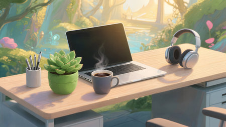 3D illustration laptop and coffee cup on wood table, Workspaceの素材