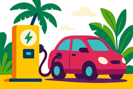 Illustration of a red car charging at a gas station on a tropical islandのイラスト素材