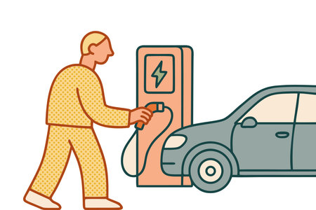 Vector illustration of a man charging a car at a charging station.のイラスト素材