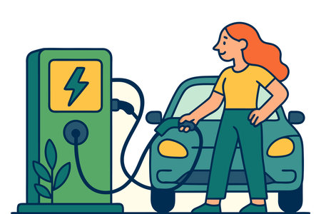 Woman refueling electric car at a gas station. Vector illustration.のイラスト素材