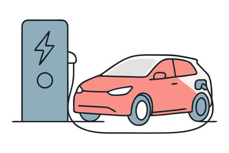 Electric car and charging station vector illustration. Electric vehicle charging station icon.のイラスト素材