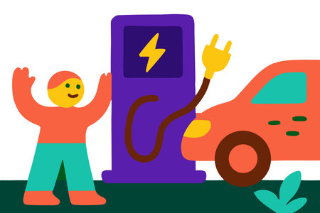 Electric car charging station vector flat illustration. Cartoon man standing near electric car.のイラスト素材
