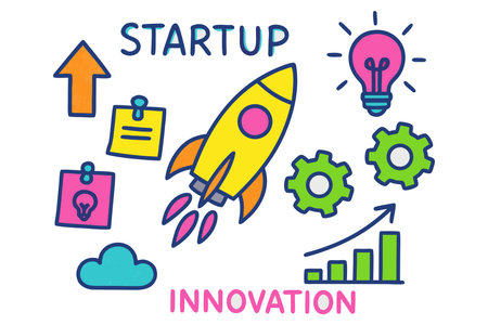 Startup concept. Vector illustration in flat line style with rocket, lightbulb, gear, graph, chart.のイラスト素材