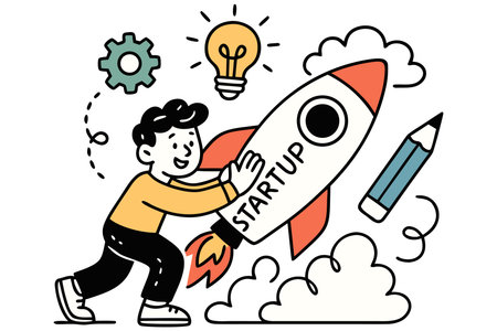 Businessman with rocket, idea and success concept. Vector illustration.のイラスト素材