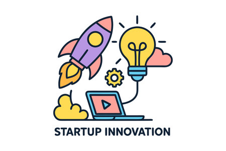 Startup flat line icon with rocket, bulb, laptop and cloud. Start up concept. Vector illustrationのイラスト素材