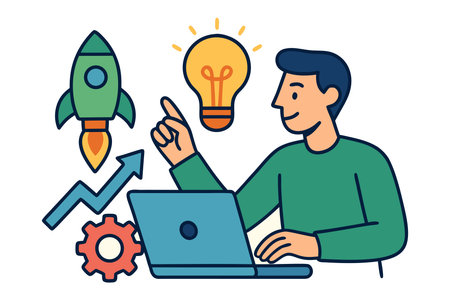 Businessman with laptop and startup rocket. Vector illustration in cartoon styleのイラスト素材