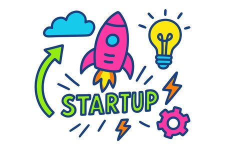 Startup banner with rocket, bulb, gear, lightbulb and text start up. Vector illustrationのイラスト素材