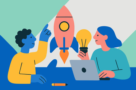 Vector illustration of business people working together with startup rocket and lightbulb.のイラスト素材