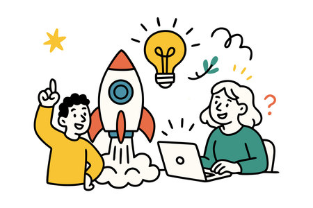 Vector illustration of a business people brainstorming with a rocket and a light bulbのイラスト素材