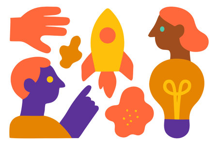 Flat vector illustration of a business man and woman with a rocket.のイラスト素材