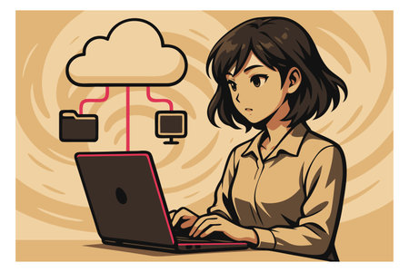 Illustration of a young woman using a laptop computer with a cloud in the backgroundのイラスト素材