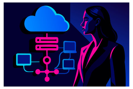 Cloud computing concept with businesswoman and cloud on blue background vector illustrationのイラスト素材